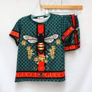 Bee print athleisure matching set shorts t-shirt sport gym athletic stretch S
